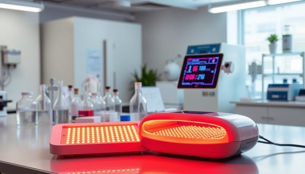 A clinical laboratory setting with a medical-grade red light therapy device prominently displayed in the foreground. The device is illuminated, casting a warm, therapeutic glow across the scene. In the middle ground, scientific glassware, instruments, and experimental data charts convey the rigorous research process. The background features a clean, well-lit space with clean white walls and minimalist decor, emphasizing the professional, evidence-based nature of the subject. The overall mood is one of scientific credibility and the potential health benefits of red light therapy. A clinical laboratory setting with a medical-grade red light therapy device prominently displayed in the foreground. The device is illuminated, casting a warm, therapeutic glow across the scene. In the middle ground, scientific glassware, instruments, and experimental data charts convey the rigorous research process. The background features a clean, well-lit space with clean white walls and minimalist decor, emphasizing the professional, evidence-based nature of the subject. The overall mood is one of scientific credibility and the potential health benefits of red light therapy.