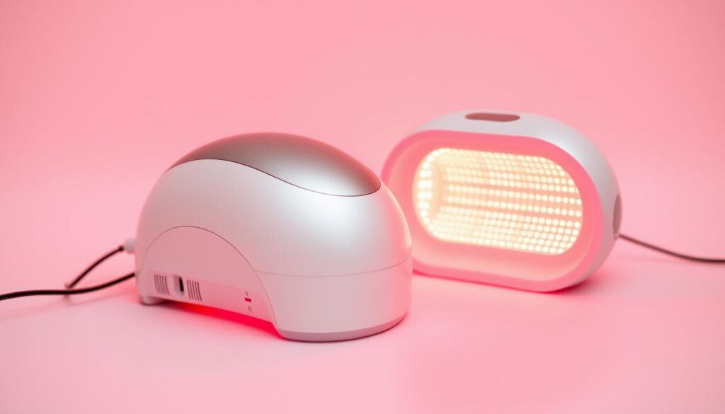 A close-up view of two different red light therapy devices placed on a plain white background. The devices have a sleek, modern design with smooth contours and a metallic or glossy finish. The soft, ambient lighting creates a warm, therapeutic atmosphere, with the red light emitting a gentle, pulsing glow. The devices are angled slightly to showcase their features, such as adjustable settings, cooling fans, or treatment areas. The overall composition is well-balanced, drawing the viewer's attention to the key details of the products.
