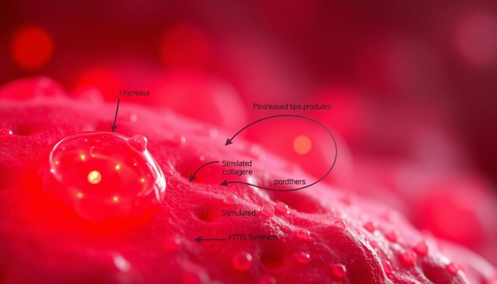 A detailed cellular-level illustration of the mechanism behind red light therapy's acne-clearing effects. The foreground shows a microscopic view of skin cells, with mitochondria glowing brightly under the influence of red light. The middle ground depicts the cellular processes involved, such as increased ATP production, reduced inflammation, and stimulated collagen synthesis. The background features a soft, diffused red glow, creating an ethereal, scientific atmosphere. Crisp, high-resolution details with a subtle, textured look, using a macro lens and balanced lighting to highlight the intricate biological processes.