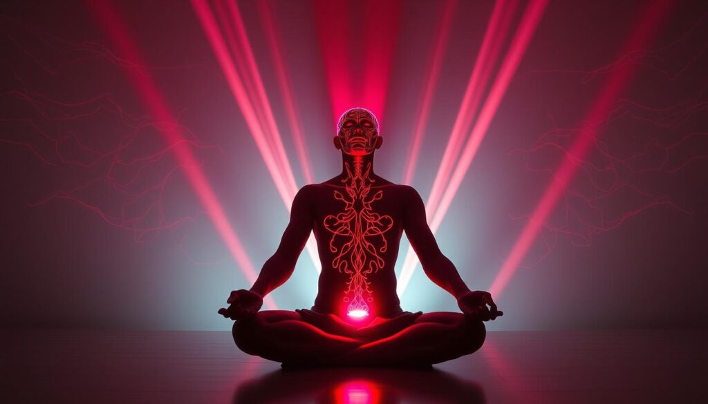 A dimly lit meditation room, the air thick with the scent of sandalwood. In the center, a figure sits cross-legged, eyes closed in deep contemplation. Beams of crimson light emanate from a high-tech device, casting an otherworldly glow on the meditator's face, illuminating the intricate neural pathways of the brain. The light dances across the walls, creating a mesmerizing pattern that echoes the rhythmic pulsing of the human mind. The scene conveys a sense of profound introspection, as the subject delves into the mysteries of the inner landscape, harnessing the combined power of light and meditation to unlock the secrets of the brain. A dimly lit meditation room, the air thick with the scent of sandalwood. In the center, a figure sits cross-legged, eyes closed in deep contemplation. Beams of crimson light emanate from a high-tech device, casting an otherworldly glow on the meditator's face, illuminating the intricate neural pathways of the brain. The light dances across the walls, creating a mesmerizing pattern that echoes the rhythmic pulsing of the human mind. The scene conveys a sense of profound introspection, as the subject delves into the mysteries of the inner landscape, harnessing the combined power of light and meditation to unlock the secrets of the brain.