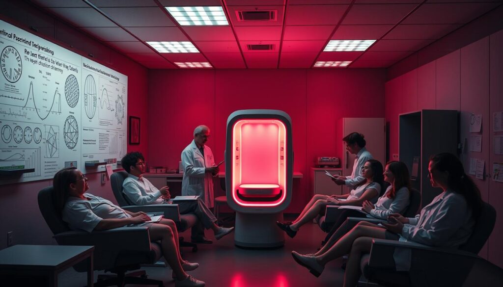 A dimly lit research laboratory, the walls adorned with scientific diagrams and graphs. In the center, a sleek, modern red light therapy device emits a warm, soothing glow. Patients recline on comfortable chairs, their bodies bathed in the therapeutic crimson hues as researchers observe, taking notes and analyzing data. The atmosphere is one of diligent investigation, with a sense of scientific curiosity and the potential for groundbreaking discoveries about the efficacy of red light therapy for weight loss. A dimly lit research laboratory, the walls adorned with scientific diagrams and graphs. In the center, a sleek, modern red light therapy device emits a warm, soothing glow. Patients recline on comfortable chairs, their bodies bathed in the therapeutic crimson hues as researchers observe, taking notes and analyzing data. The atmosphere is one of diligent investigation, with a sense of scientific curiosity and the potential for groundbreaking discoveries about the efficacy of red light therapy for weight loss.