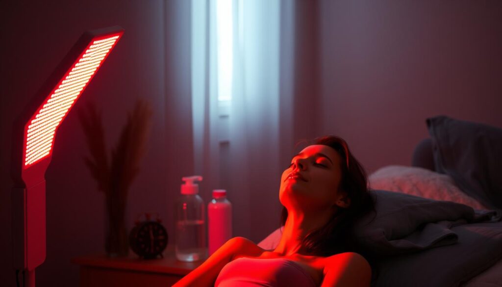 A dimly lit room, illuminated by the warm glow of a red light therapy device. The device is positioned at an angle, casting a soft, diffused light across the scene. In the foreground, a person sits comfortably, eyes closed, relaxing as the therapeutic light bathes their skin. The middle ground features various healthcare accessories, such as a timer, a water bottle, and a towel, hinting at the practical considerations of using red light therapy. The background is blurred, creating a sense of focus and calm. The overall atmosphere is one of tranquility and well-being, reflecting the potential benefits of this natural, non-invasive treatment. A dimly lit room, illuminated by the warm glow of a red light therapy device. The device is positioned at an angle, casting a soft, diffused light across the scene. In the foreground, a person sits comfortably, eyes closed, relaxing as the therapeutic light bathes their skin. The middle ground features various healthcare accessories, such as a timer, a water bottle, and a towel, hinting at the practical considerations of using red light therapy. The background is blurred, creating a sense of focus and calm. The overall atmosphere is one of tranquility and well-being, reflecting the potential benefits of this natural, non-invasive treatment.