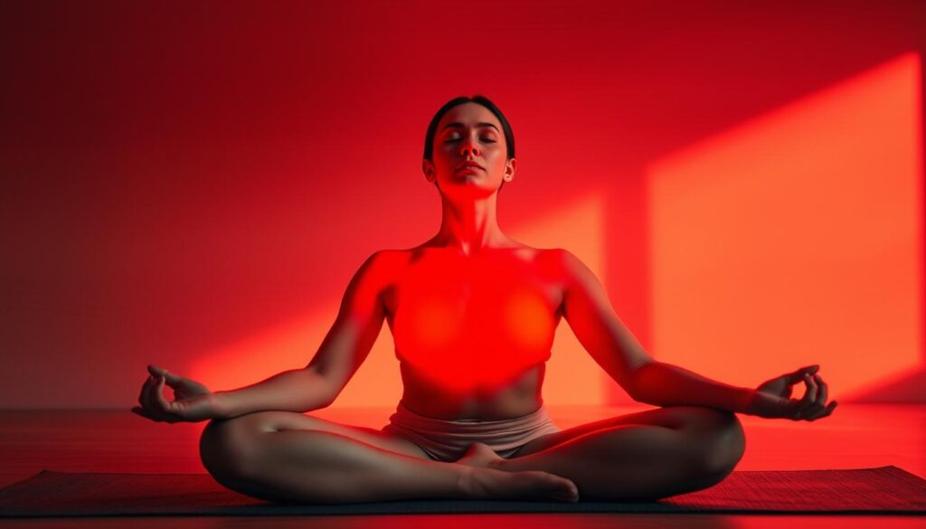 A person in a relaxed, meditative pose bathed in the warm, soothing glow of red light. The scene is set in a calming, minimalist environment with clean lines and natural textures, like smooth wood or stone. Soft shadows and diffused lighting create a contemplative atmosphere, highlighting the harmonious blend of the mental and physical aspects of the practice. The model's expression is serene, their eyes closed, as they fully immerse themselves in the therapeutic benefits of the combined modalities. The overall composition conveys a sense of balance, tranquility, and the synergistic power of the "Mind-Body-Light" connection. A person in a relaxed, meditative pose bathed in the warm, soothing glow of red light. The scene is set in a calming, minimalist environment with clean lines and natural textures, like smooth wood or stone. Soft shadows and diffused lighting create a contemplative atmosphere, highlighting the harmonious blend of the mental and physical aspects of the practice. The model's expression is serene, their eyes closed, as they fully immerse themselves in the therapeutic benefits of the combined modalities. The overall composition conveys a sense of balance, tranquility, and the synergistic power of the "Mind-Body-Light" connection.