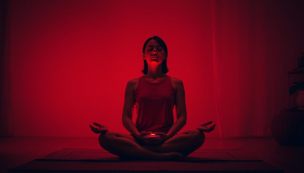 A serene meditation session with a person sitting cross-legged in a dimly lit, warm-toned room, immersed in the gentle glow of a red light therapy device. The subject's eyes are closed, their face calm and introspective, as they focus inward, finding solace in the soothing red light. In the background, soft, diffused lighting creates a cozy, contemplative atmosphere, encouraging deep relaxation and mindfulness. The overall scene evokes a sense of tranquility, inviting the viewer to pause and experience the restorative power of this guided meditation. A serene meditation session with a person sitting cross-legged in a dimly lit, warm-toned room, immersed in the gentle glow of a red light therapy device. The subject's eyes are closed, their face calm and introspective, as they focus inward, finding solace in the soothing red light. In the background, soft, diffused lighting creates a cozy, contemplative atmosphere, encouraging deep relaxation and mindfulness. The overall scene evokes a sense of tranquility, inviting the viewer to pause and experience the restorative power of this guided meditation.