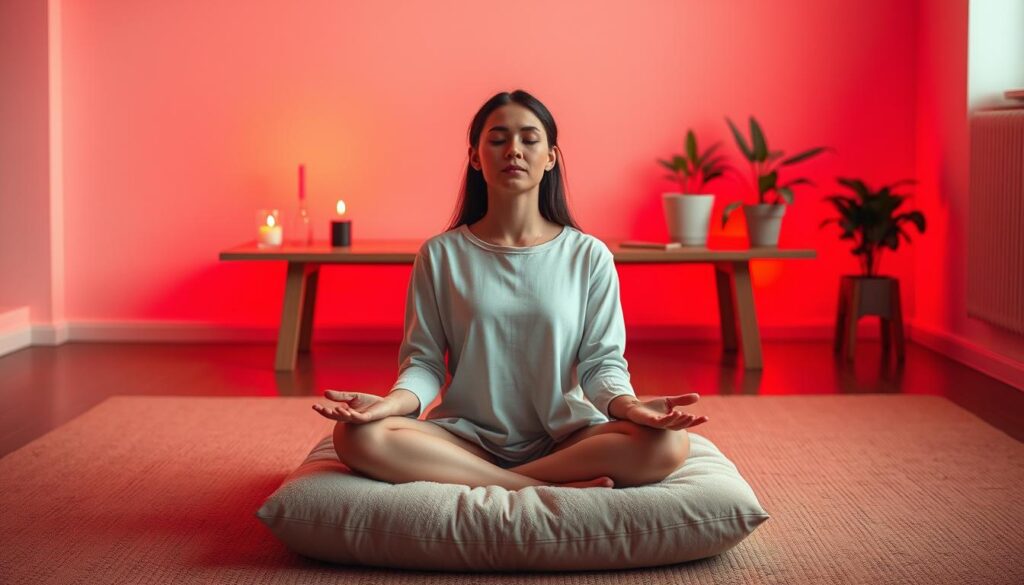 A serene meditation space bathed in the warm glow of red light. In the foreground, a person sits cross-legged on a soft, plush meditation cushion, eyes closed and face relaxed, palms resting gently on their thighs. The background features a minimalist, zen-inspired decor with a simple wooden bench, a candle flickering softly, and a few potted plants adding a touch of nature. The lighting is soft and diffused, creating a calming, introspective atmosphere. The camera angle is slightly elevated, giving a bird's-eye view of the scene, encouraging the viewer to feel a sense of tranquility and inner focus. A serene meditation space bathed in the warm glow of red light. In the foreground, a person sits cross-legged on a soft, plush meditation cushion, eyes closed and face relaxed, palms resting gently on their thighs. The background features a minimalist, zen-inspired decor with a simple wooden bench, a candle flickering softly, and a few potted plants adding a touch of nature. The lighting is soft and diffused, creating a calming, introspective atmosphere. The camera angle is slightly elevated, giving a bird's-eye view of the scene, encouraging the viewer to feel a sense of tranquility and inner focus.