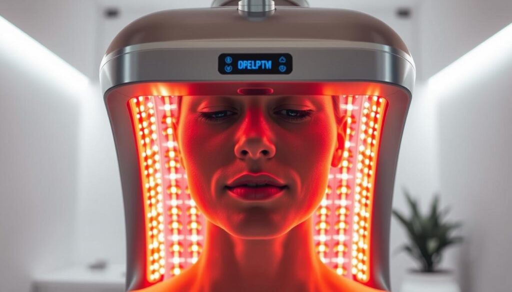 A sleek and modern LED light therapy device, its smooth metallic frame and glowing panels exuding a sense of clinical sophistication. In the foreground, the device's array of red and near-infrared LEDs emit a warm, therapeutic glow, casting a soft, even light across a person's face. The middle ground showcases the device's intuitive control panel, with minimalist buttons and a digital display highlighting the device's various settings and modes. In the background, a clean, minimalist environment with white walls and subtle accent lighting creates a calming, wellness-focused atmosphere, emphasizing the device's role in cutting-edge light therapy innovations.