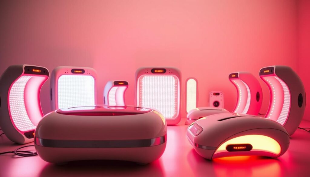 A sleek array of red light therapy devices arranged in a modern, minimalist setting. The devices, with their striking crimson hue, emit a soft, warm glow, creating an inviting and therapeutic atmosphere. The foreground showcases the devices' clean, streamlined design, while the middle ground features a neutral-toned background, allowing the red light to be the focal point. The scene is illuminated by a combination of natural and artificial lighting, casting a gentle, soothing ambiance. The overall composition conveys the effectiveness and benefits of red light therapy, making it an ideal visual representation for the article's introduction to this innovative wellness technology.