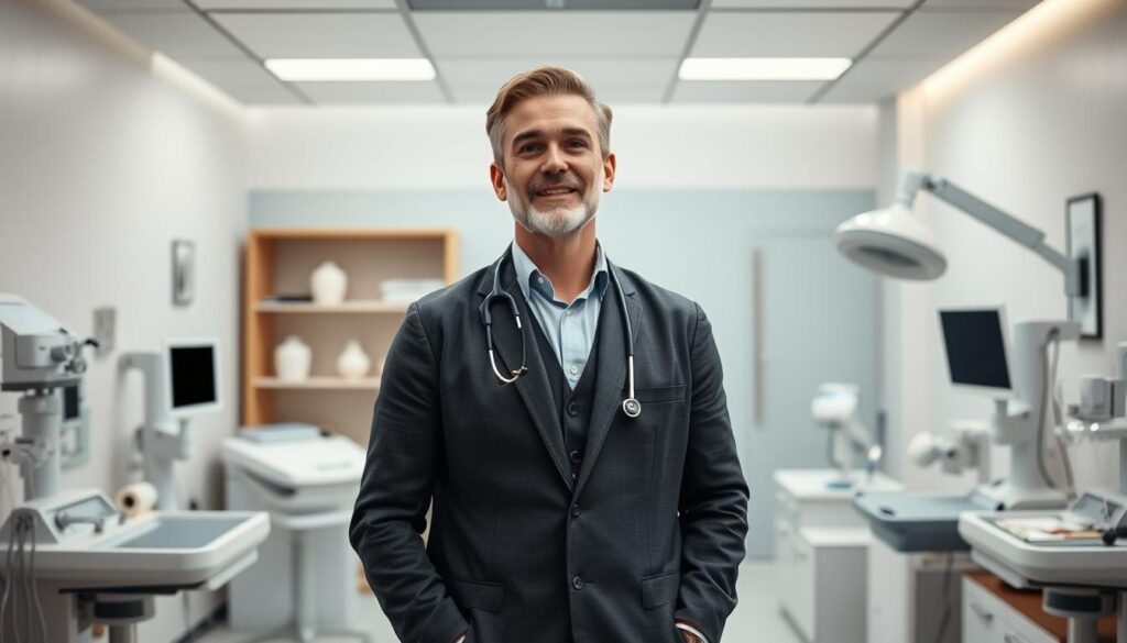 A thoughtful dermatologist standing in a modern, well-lit medical office, offering expert advice and guidance. The subject is dressed professionally, with a warm, approachable expression, surrounded by medical equipment and tools of the trade. The background features a clean, minimalist aesthetic with a subtle, calming color palette, allowing the dermatologist's expertise to take center stage. The lighting is soft and diffused, creating a sense of authority and trust. The angle is slightly elevated, giving the impression of a knowledgeable and reliable source of information.