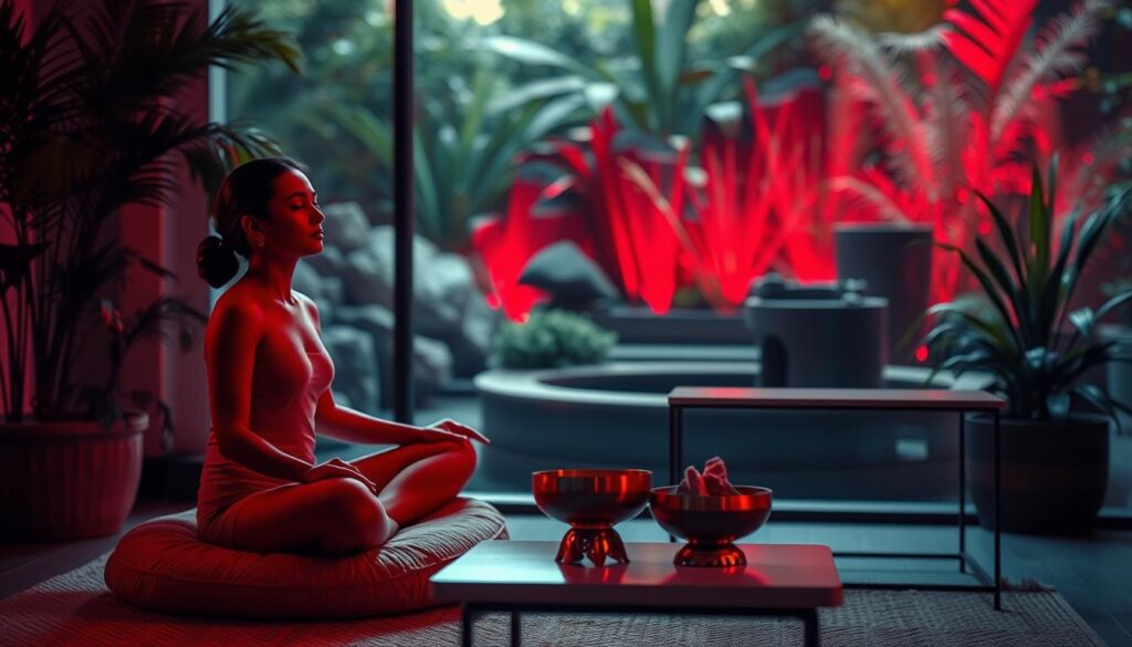 A tranquil meditation space filled with the warm glow of red light therapy. In the foreground, a person sits cross-legged on a plush meditation cushion, eyes closed in deep contemplation. The soft, diffused crimson light envelops them, radiating healing energy. In the middle ground, an ornate brass meditation bowl and a small cluster of crystals sit atop a sleek, minimalist side table. The background is a serene, nature-inspired scene, with lush greenery and a calming water feature creating an atmosphere of serenity and balance. The overall scene conveys a sense of synergy between the restorative powers of red light therapy and the meditative practice, evoking a state of profound inner peace and rejuvenation. A tranquil meditation space filled with the warm glow of red light therapy. In the foreground, a person sits cross-legged on a plush meditation cushion, eyes closed in deep contemplation. The soft, diffused crimson light envelops them, radiating healing energy. In the middle ground, an ornate brass meditation bowl and a small cluster of crystals sit atop a sleek, minimalist side table. The background is a serene, nature-inspired scene, with lush greenery and a calming water feature creating an atmosphere of serenity and balance. The overall scene conveys a sense of synergy between the restorative powers of red light therapy and the meditative practice, evoking a state of profound inner peace and rejuvenation.