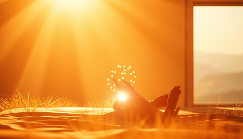 A tranquil, meditative scene bathed in warm, golden light. In the foreground, a serene figure sits cross-legged, palms upturned, eyes closed in deep contemplation. The middle ground features a shimmering array of red and infrared lights, radiating a therapeutic glow. In the background, a minimalist landscape of soft hills and a hazy horizon, evoking a sense of connection between the inner and outer realms. The lighting is natural yet profound, casting a luminous, ethereal ambiance that enhances the subject's state of focused relaxation. Captured with a wide-angle lens to convey a sense of expansive tranquility, this image embodies the harmonious integration of meditation and red light therapy. A tranquil, meditative scene bathed in warm, golden light. In the foreground, a serene figure sits cross-legged, palms upturned, eyes closed in deep contemplation. The middle ground features a shimmering array of red and infrared lights, radiating a therapeutic glow. In the background, a minimalist landscape of soft hills and a hazy horizon, evoking a sense of connection between the inner and outer realms. The lighting is natural yet profound, casting a luminous, ethereal ambiance that enhances the subject's state of focused relaxation. Captured with a wide-angle lens to convey a sense of expansive tranquility, this image embodies the harmonious integration of meditation and red light therapy.