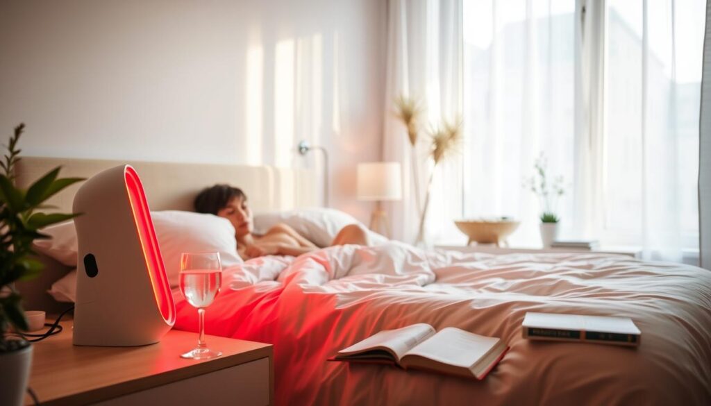 A warm, comfortable bedroom filled with natural light. In the foreground, a person sits relaxed on a plush bed, bathed in the gentle crimson glow of a red light therapy device placed nearby. The middle ground showcases a bedside table with a glass of water, a book, and a small succulent plant. The background features a large window, letting in soft, diffused daylight and creating a calming, serene atmosphere. The overall scene conveys a sense of tranquility and self-care as the person integrates red light therapy into their daily routine.