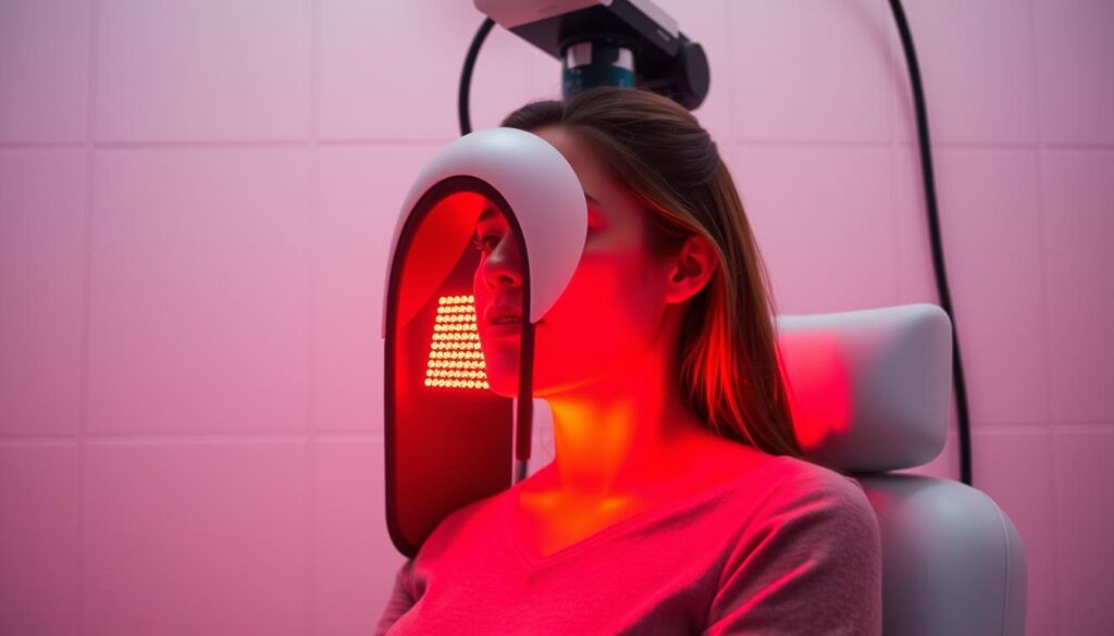 A well-lit medical examination room, with a patient sitting upright and focused on a red light therapy device. The device emits a warm, glowing crimson light, casting a soft, diffused glow across the subject's face. The background is clean and minimalist, with white walls and a subtle grid pattern to convey a sense of professionalism and safety. The lighting is carefully designed to highlight the key elements, creating a calm and serene atmosphere. The prompt aims to showcase the proper usage and safety considerations of red light therapy in a home setting. A well-lit medical examination room, with a patient sitting upright and focused on a red light therapy device. The device emits a warm, glowing crimson light, casting a soft, diffused glow across the subject's face. The background is clean and minimalist, with white walls and a subtle grid pattern to convey a sense of professionalism and safety. The lighting is carefully designed to highlight the key elements, creating a calm and serene atmosphere. The prompt aims to showcase the proper usage and safety considerations of red light therapy in a home setting.
