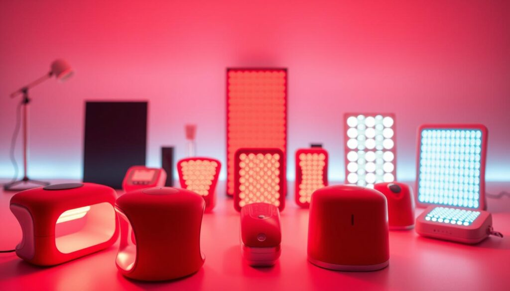 A well-lit studio scene showcasing an arrangement of various red light therapy device options. The foreground features several sleek, contemporary models in shades of red and metallic accents, highlighting their modern, minimalist designs. In the middle ground, additional devices are displayed, showcasing a range of sizes and forms, from compact handheld units to larger full-body panels. The background is softly blurred, creating a sense of depth and focus on the featured devices. The lighting is warm and even, casting a subtle red glow that enhances the devices' aesthetic appeal. The overall composition emphasizes the diversity of red light therapy options, inviting the viewer to explore the different solutions available for their hair growth needs.