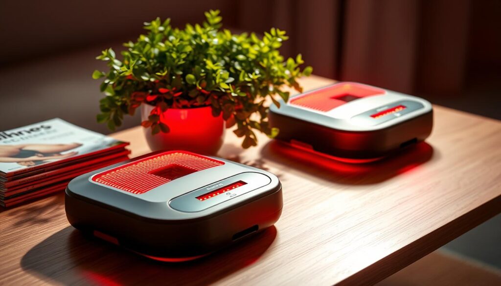 Cozy at-home red light therapy devices resting on a sleek wooden table, bathed in a warm, therapeutic glow. Compact, minimalist designs with adjustable panels and intuitive controls, radiating soothing crimson illumination. The devices are flanked by a lush, verdant potted plant and a stack of wellness-focused magazines, creating a serene, spa-like ambiance. Soft, diffused lighting casts gentle shadows, emphasizing the smooth, matte finishes of the devices. The overall scene exudes a sense of relaxation and holistic self-care, reflecting the accessible nature of at-home red light therapy. Cozy at-home red light therapy devices resting on a sleek wooden table, bathed in a warm, therapeutic glow. Compact, minimalist designs with adjustable panels and intuitive controls, radiating soothing crimson illumination. The devices are flanked by a lush, verdant potted plant and a stack of wellness-focused magazines, creating a serene, spa-like ambiance. Soft, diffused lighting casts gentle shadows, emphasizing the smooth, matte finishes of the devices. The overall scene exudes a sense of relaxation and holistic self-care, reflecting the accessible nature of at-home red light therapy.