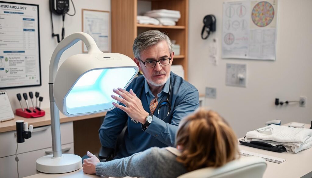 a dermatologist sitting at a desk, examining a patient's skin under a bright light therapy device, with various medical instruments and charts in the background, capturing the expertise and authority of the dermatologist as they provide insights on light therapy for skin conditions, the image conveying a professional, clinical atmosphere with a focus on the dermatologist's assessment and recommendations